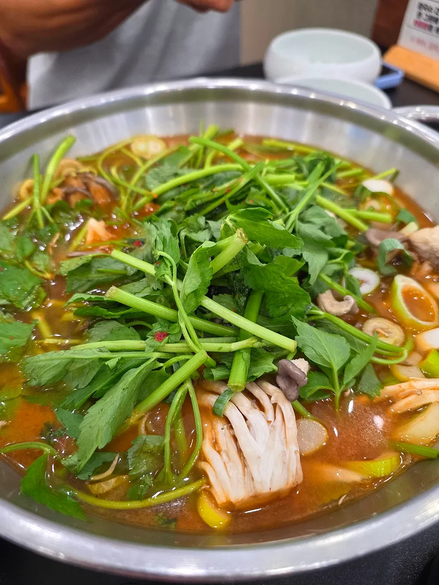 Olla de caldo rojo cargada de minari y setas ostra