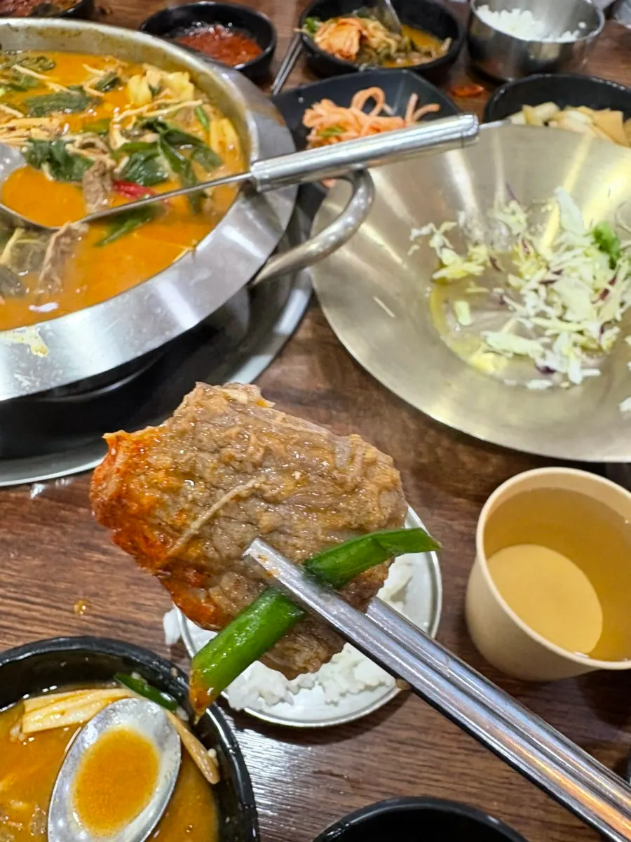 Tender hanwoo beef pulled from the hot pot