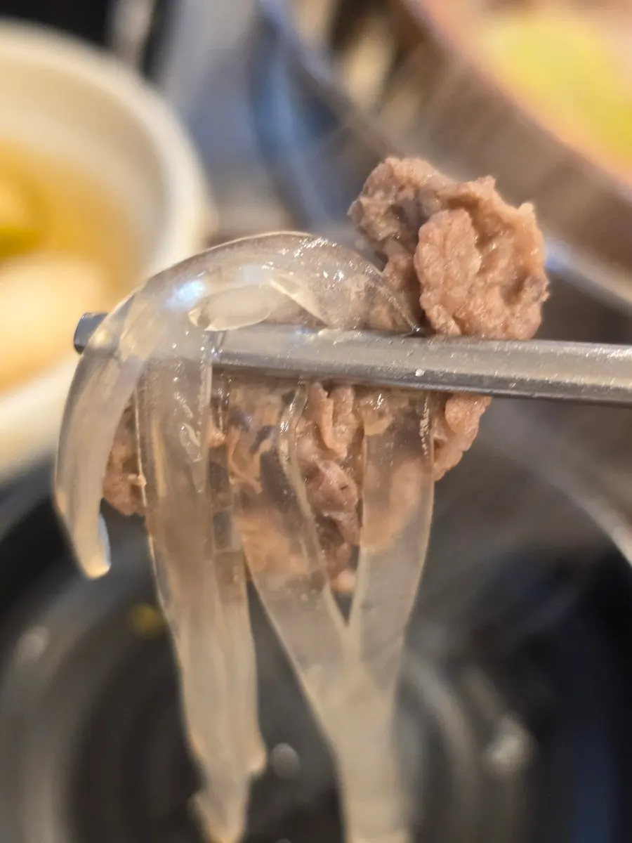 Seasoned glass noodles and cooked Korean beef bulgogi
