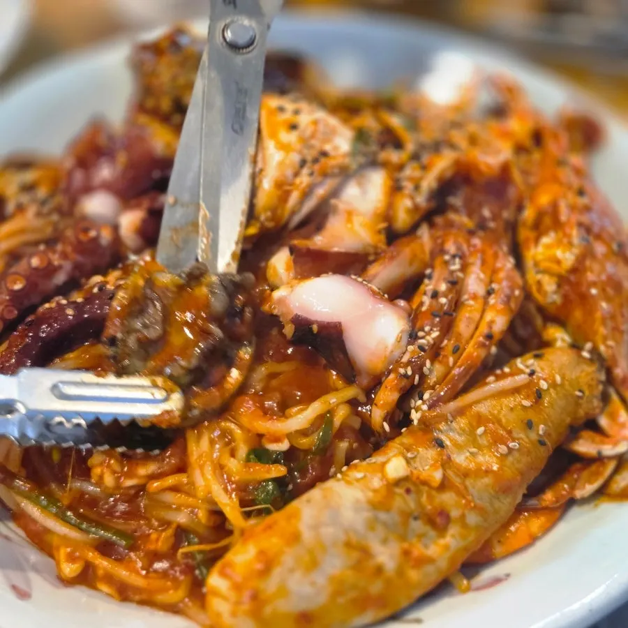 Close-up of the spicy-seasoned seafood in the stew