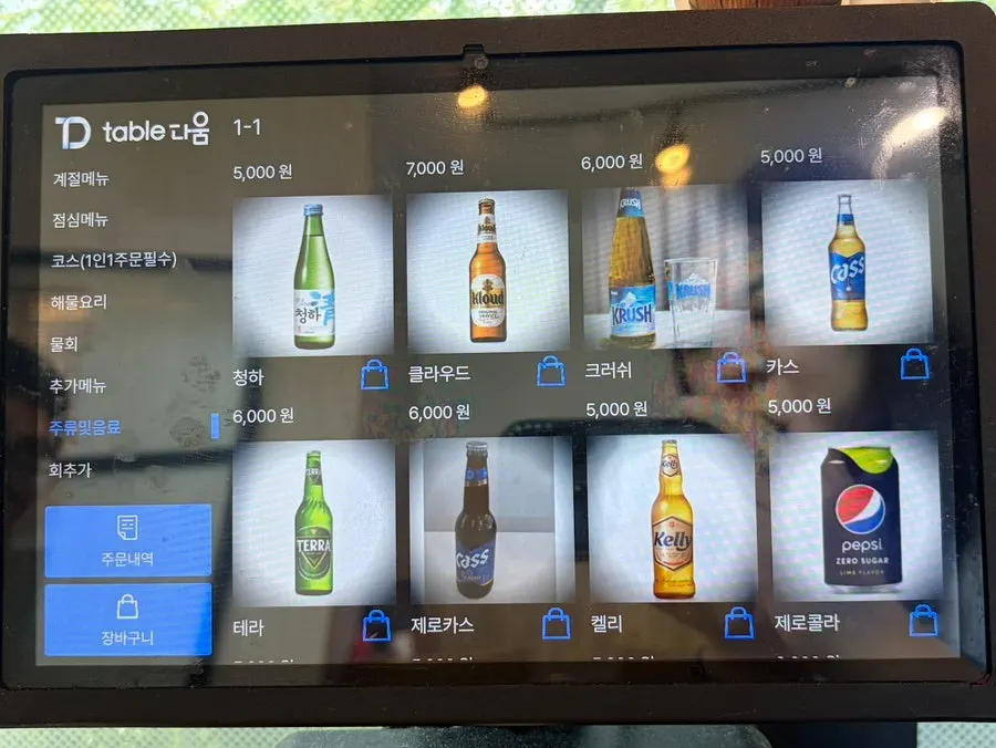 Menu listing squid sashimi, live octopus, boiled octopus and more