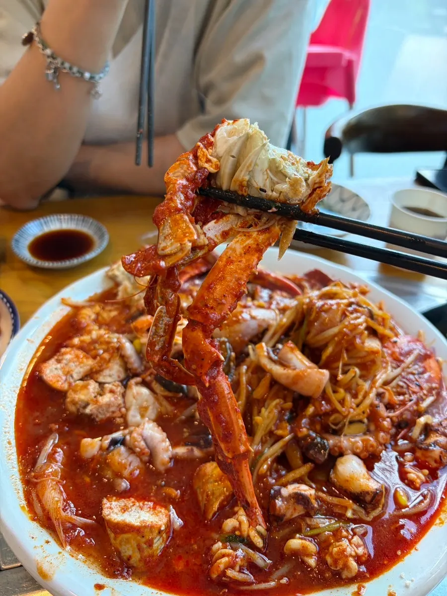Blue crab included in the seafood stew