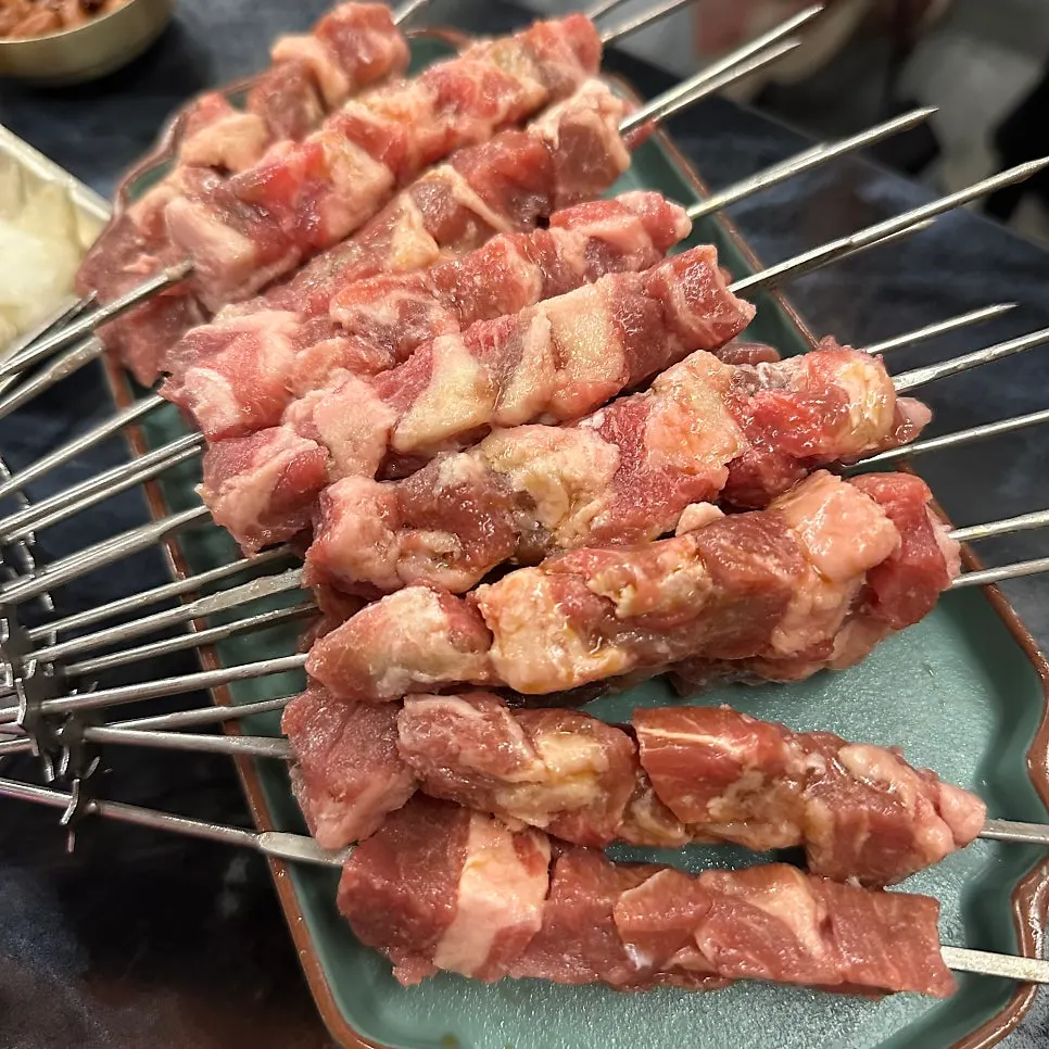 Lamb skewers lined up neatly over the charcoal grill