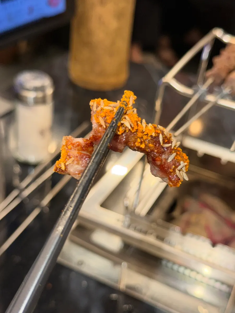 Close-up of the clean-tasting wangdeungsim skewer