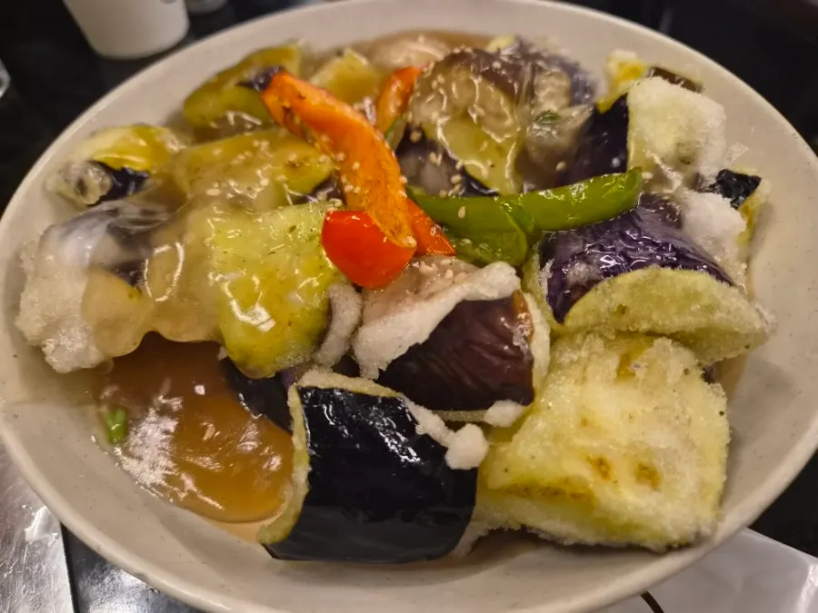 Eggplant dish coated in glutinous rice batter