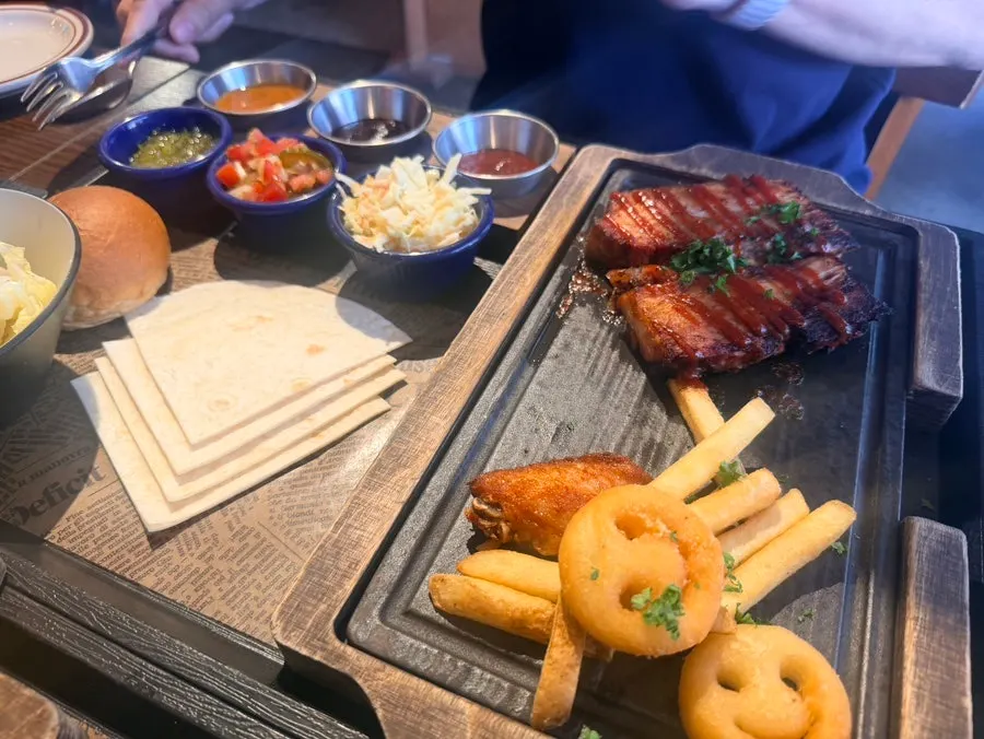 Full spread of the lunch special whole pork belly bacon set