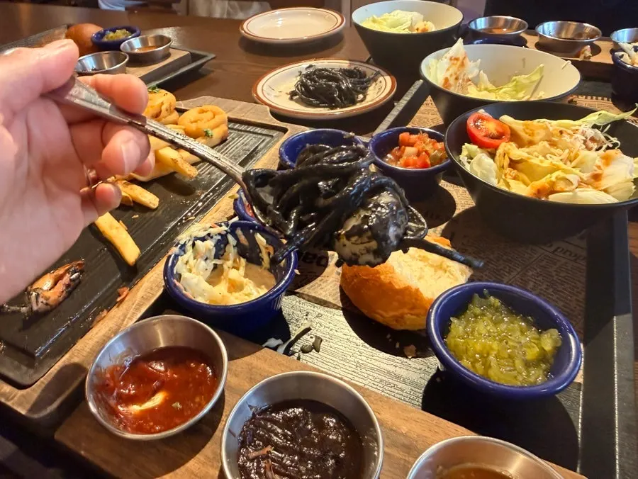 Creamy squid ink pasta with shrimp