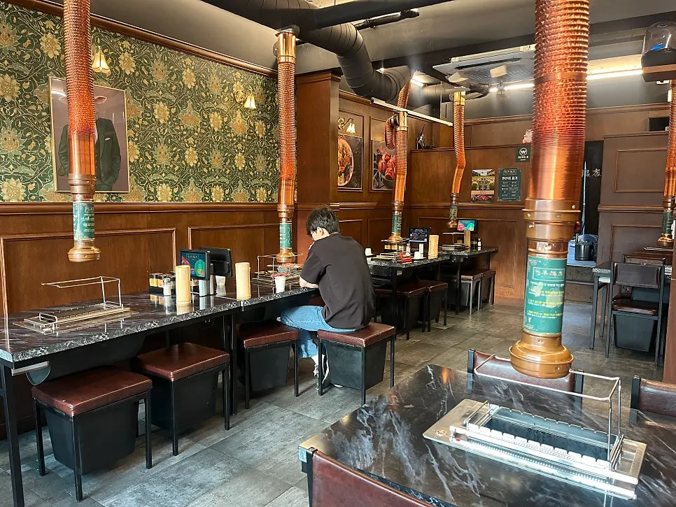 Restaurant interior with deep green color and floral pattern