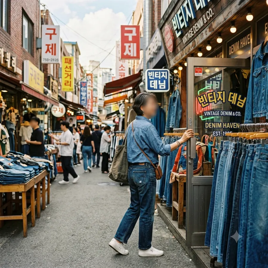 ハンガーからデニムを選ぶヴィンテージショッピング
