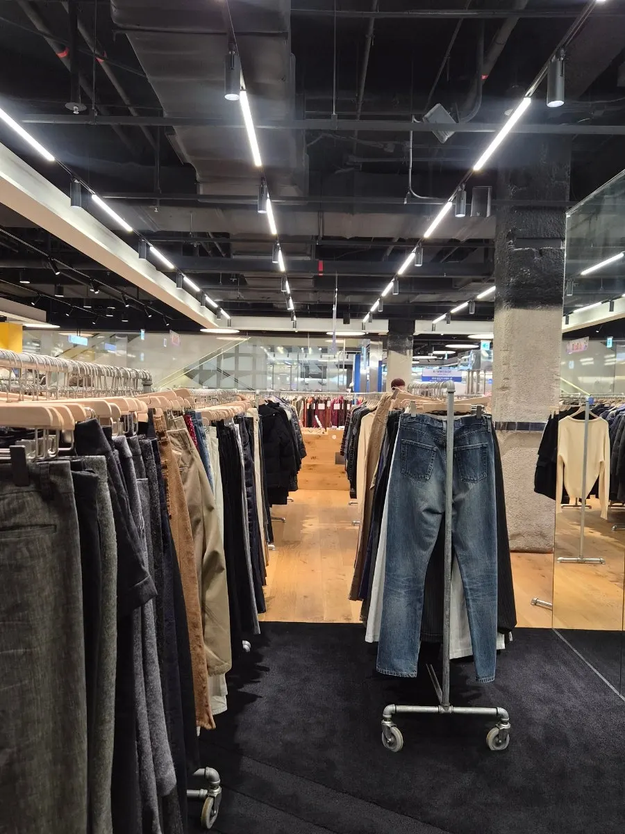 Vintage clothing organized by category on display