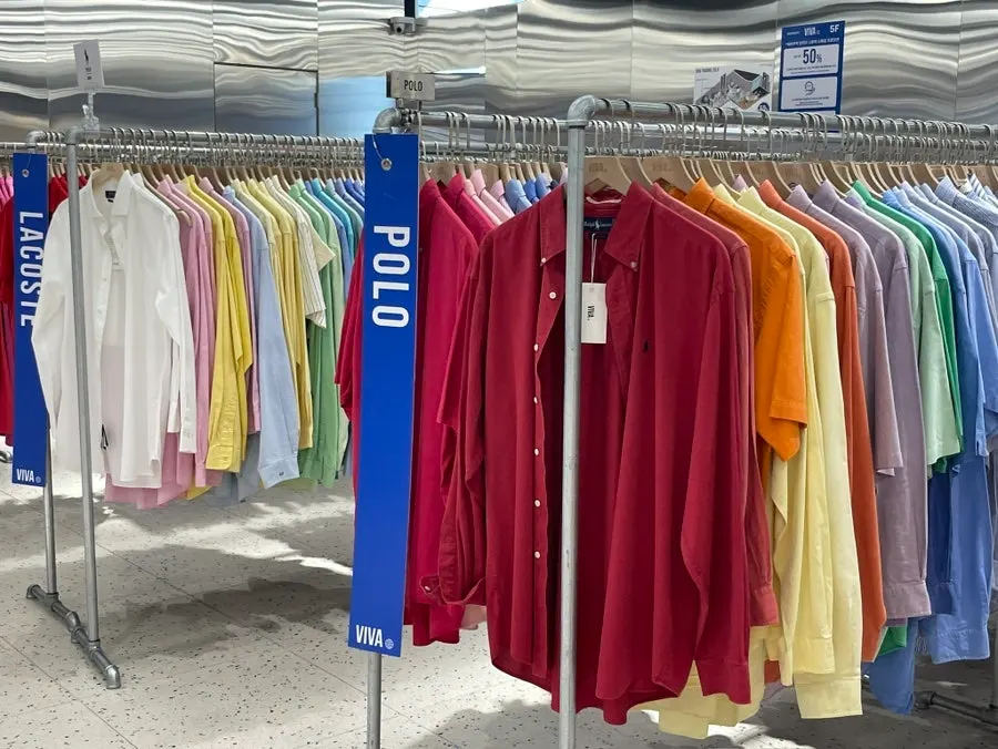 Vintage clothing hung on store shelves