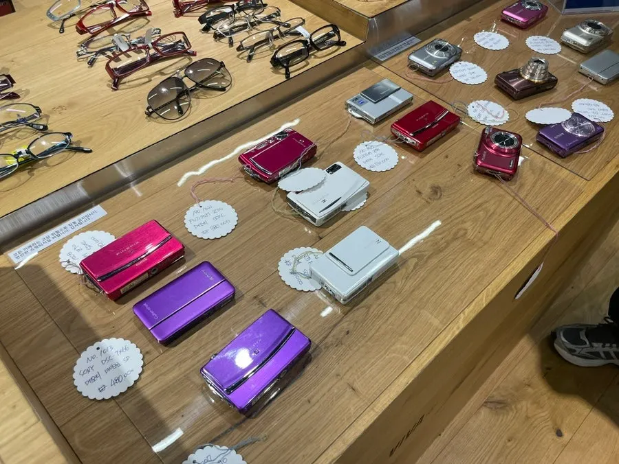 Old film cameras and digital cameras on display
