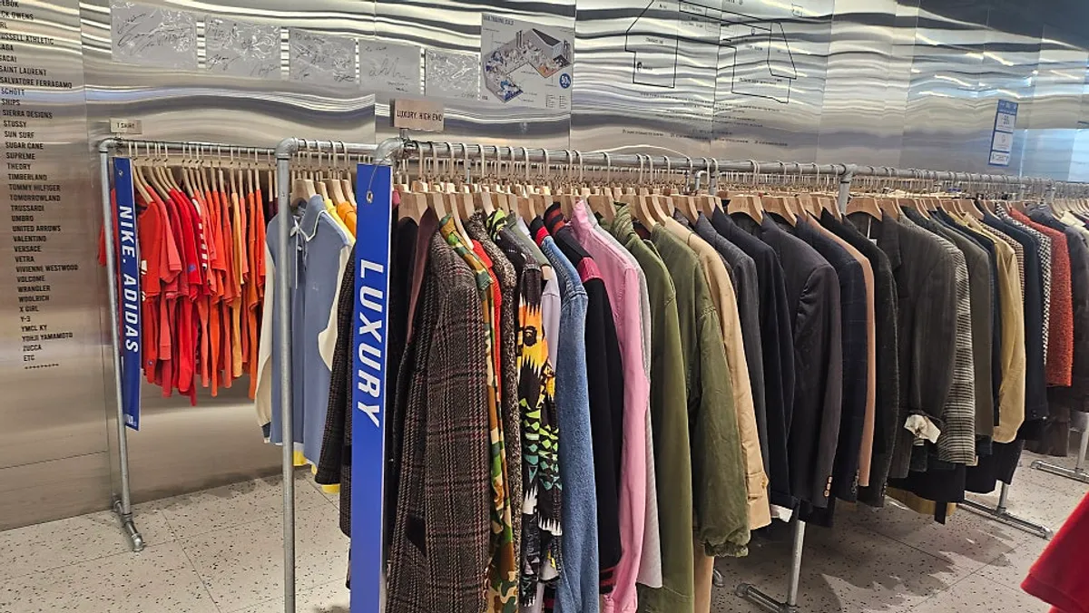 Brightly lit clothing displays in the vintage shop
