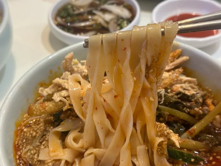 열무김치와 닭고기 고명이 올라간 초계비빔칼국수