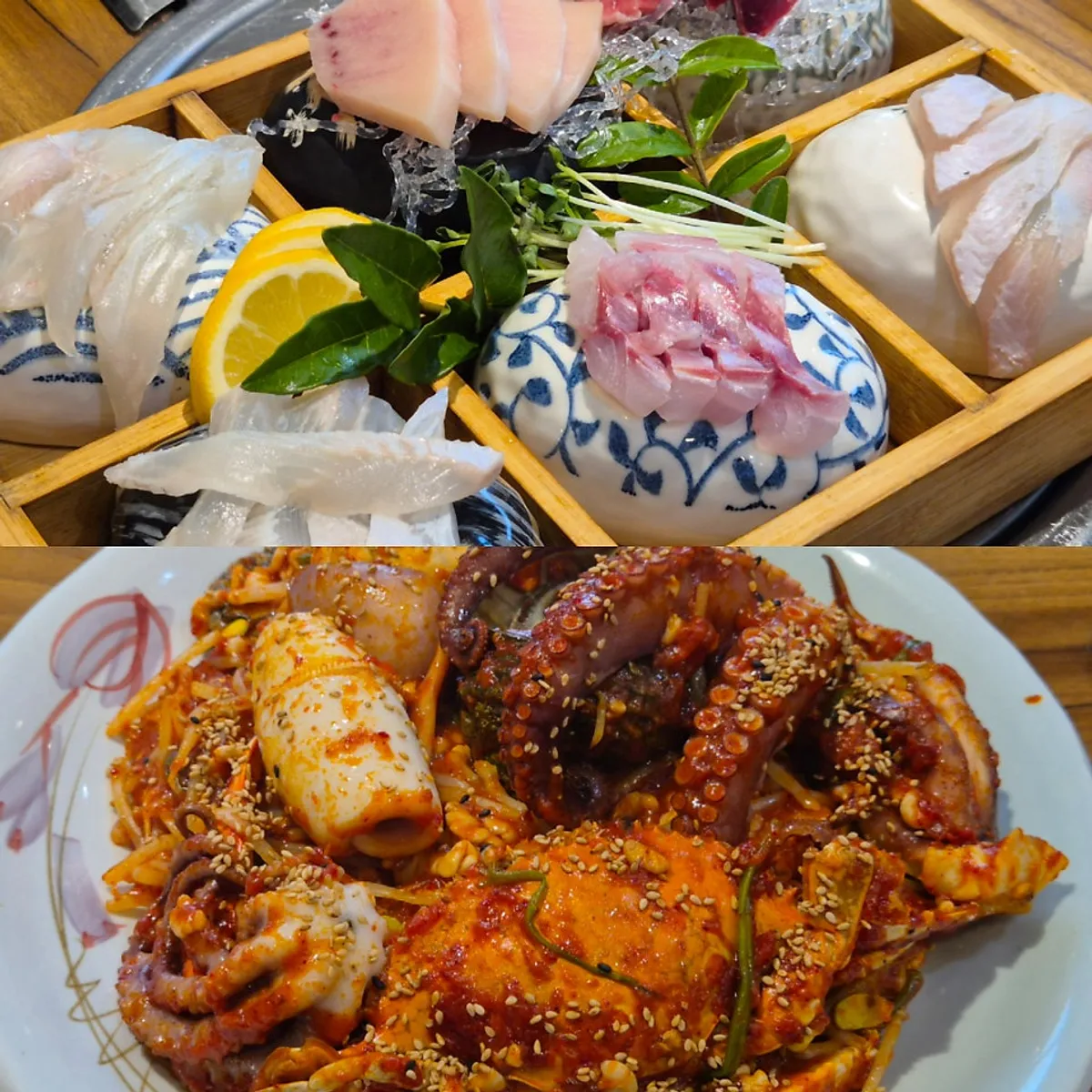 Sashimi platter table setup at Donghae Bada Hoetjip in Dujeong-dong, Cheonan