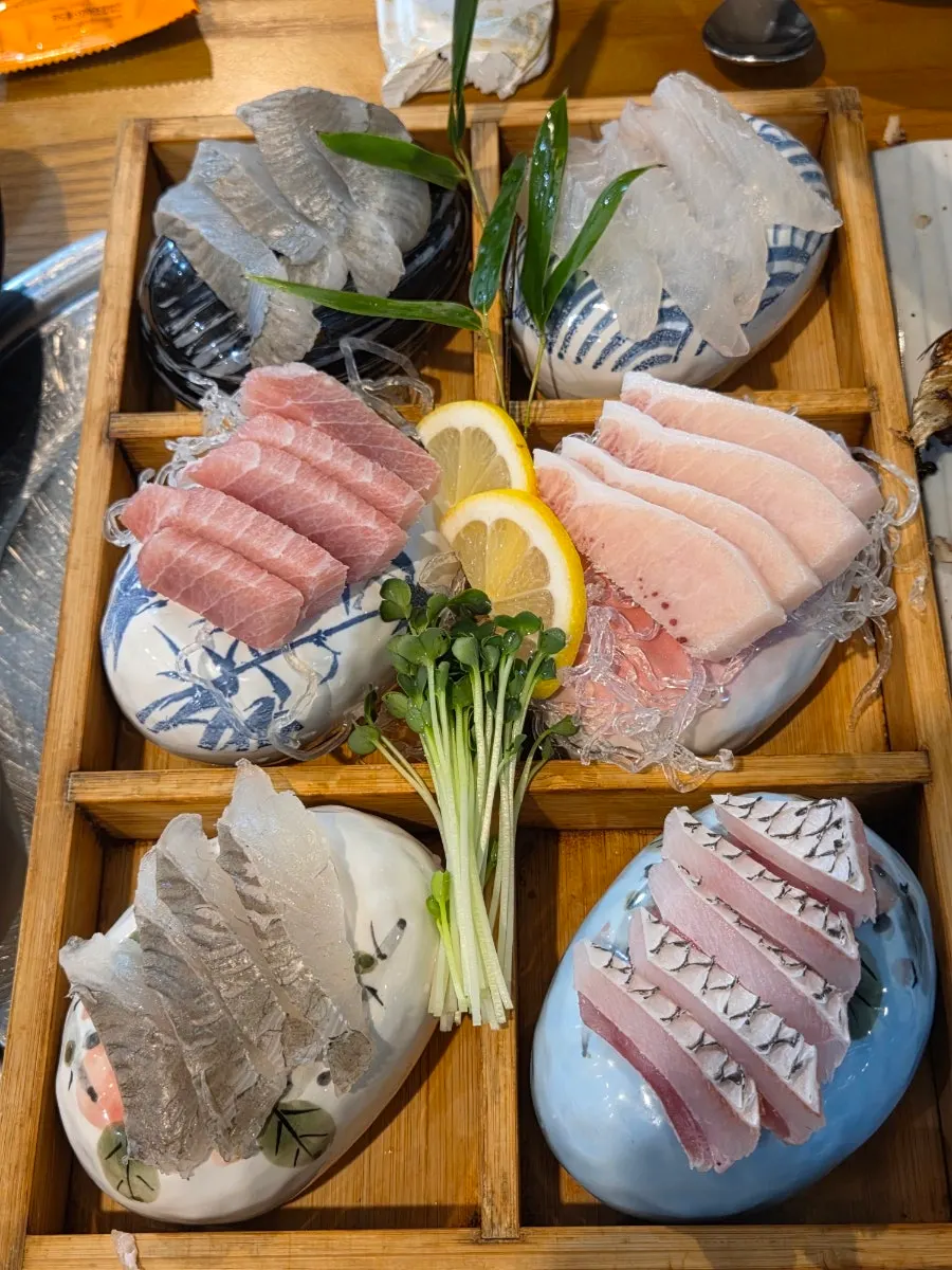 コチとマグロ、活魚ミナミ会の盛り合わせ刺身皿