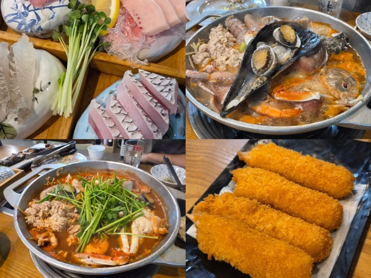 盛り合わせ刺身と海鮮鍋が並んだ食卓
