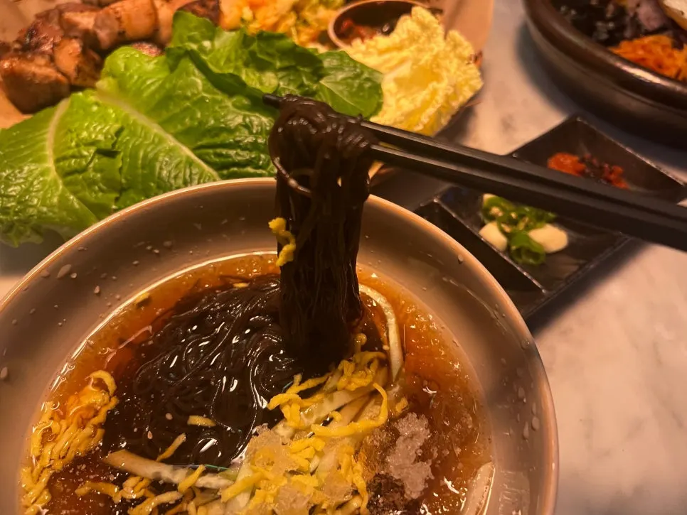 물냉면 면발을 들어 올린 모습