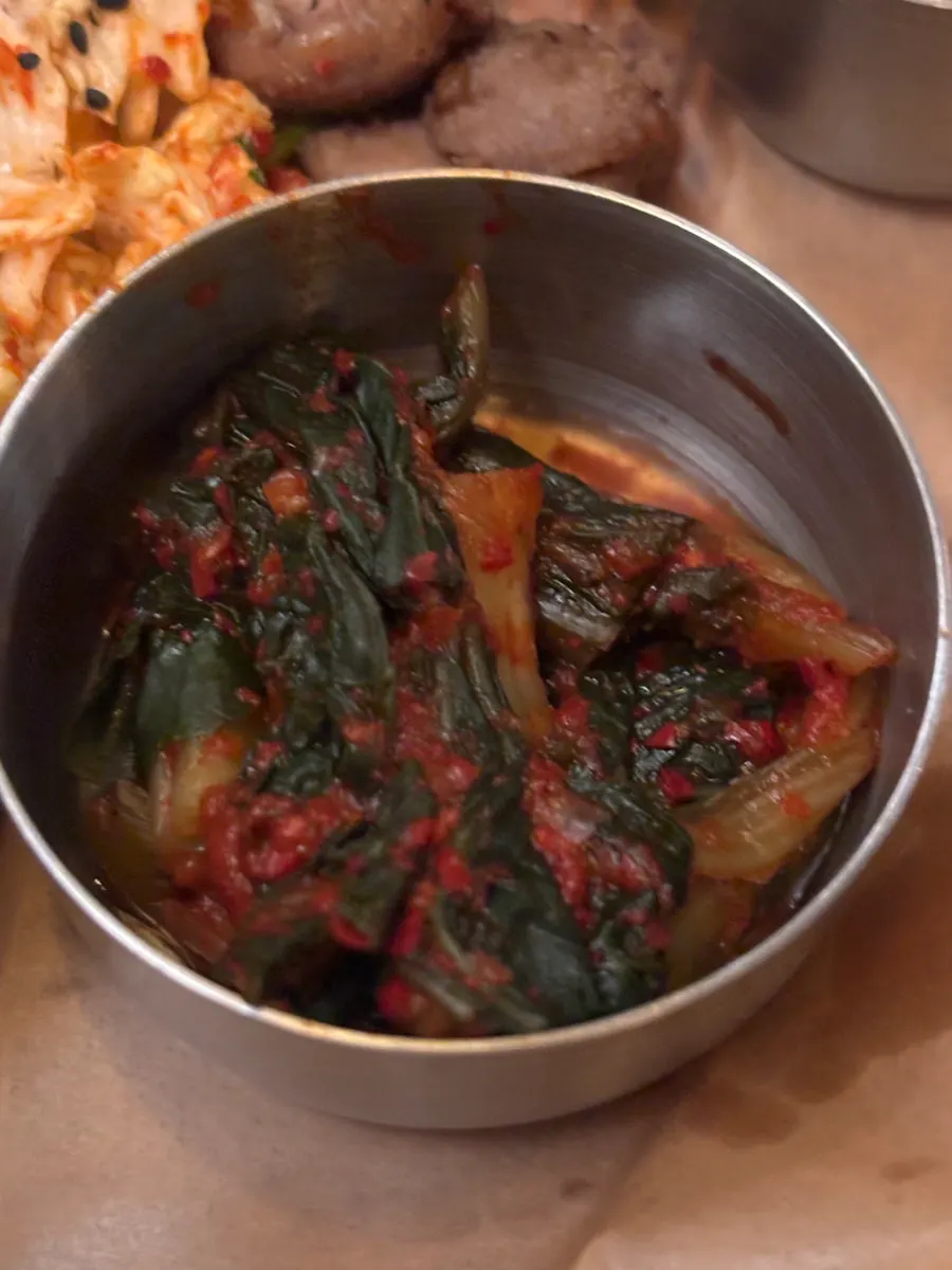 Yukjeon with kimchi and pickled onions