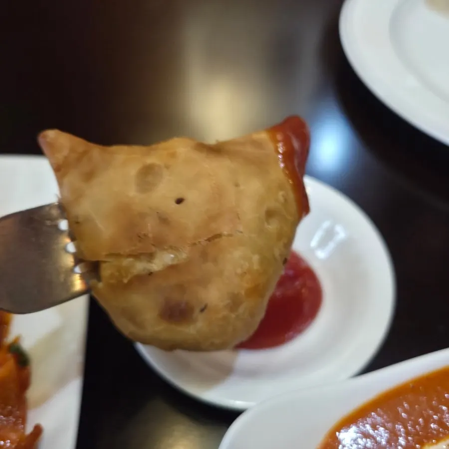 Close-up of a crispy samosa