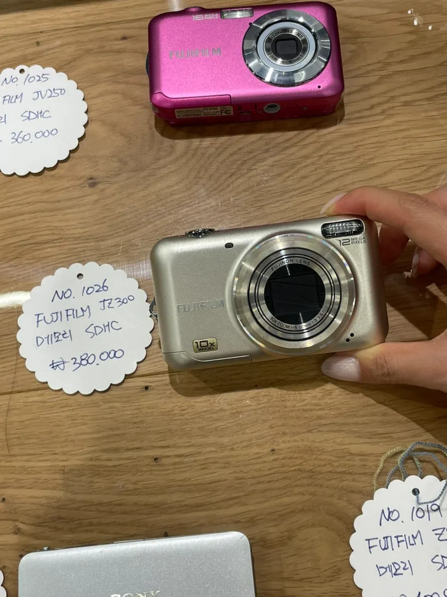 Close-up of a retro digital camera in person
