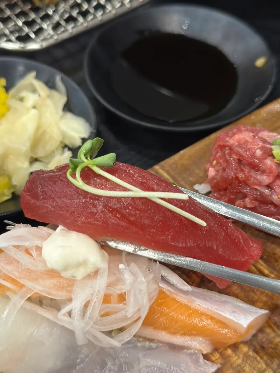 Close-up of a single piece of sushi at Moshi Moshi Sushi