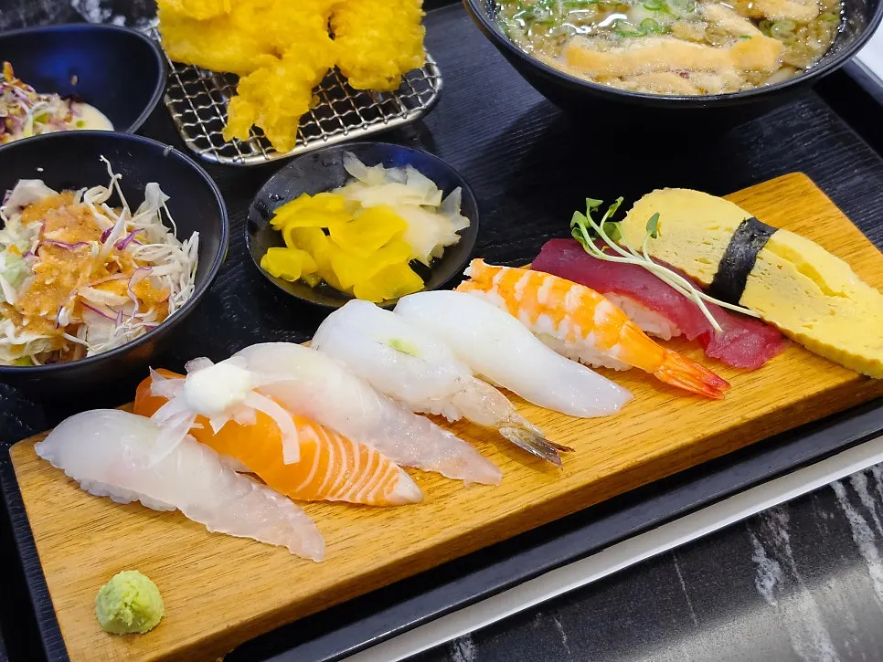 Full sushi set laid out on the table