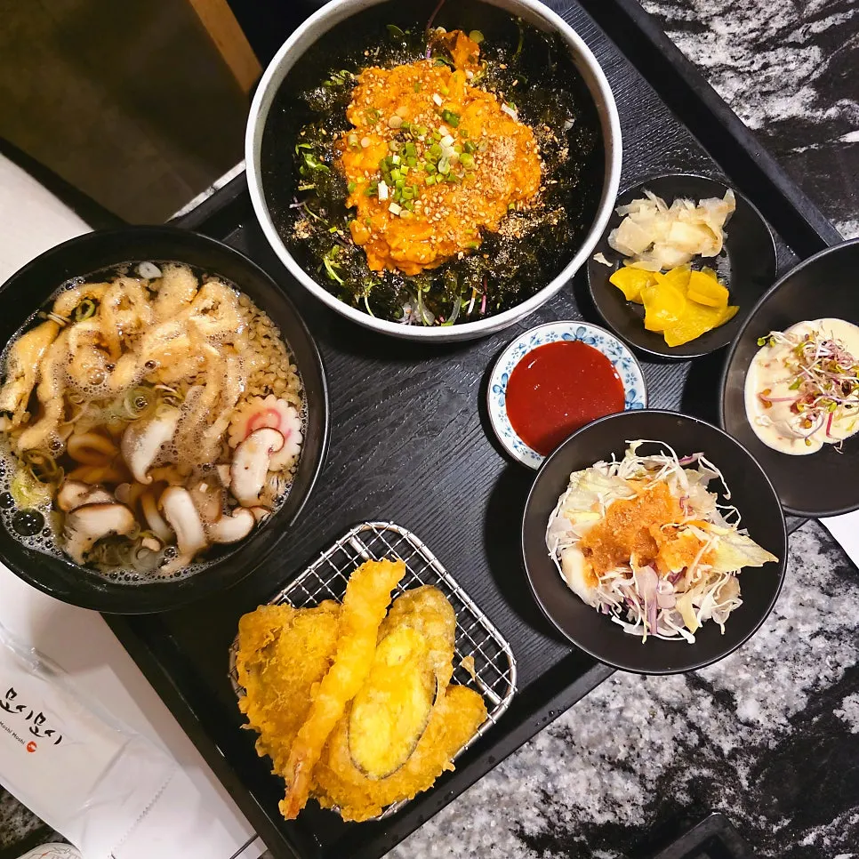 Full spread of the sea squirt bibimbap set