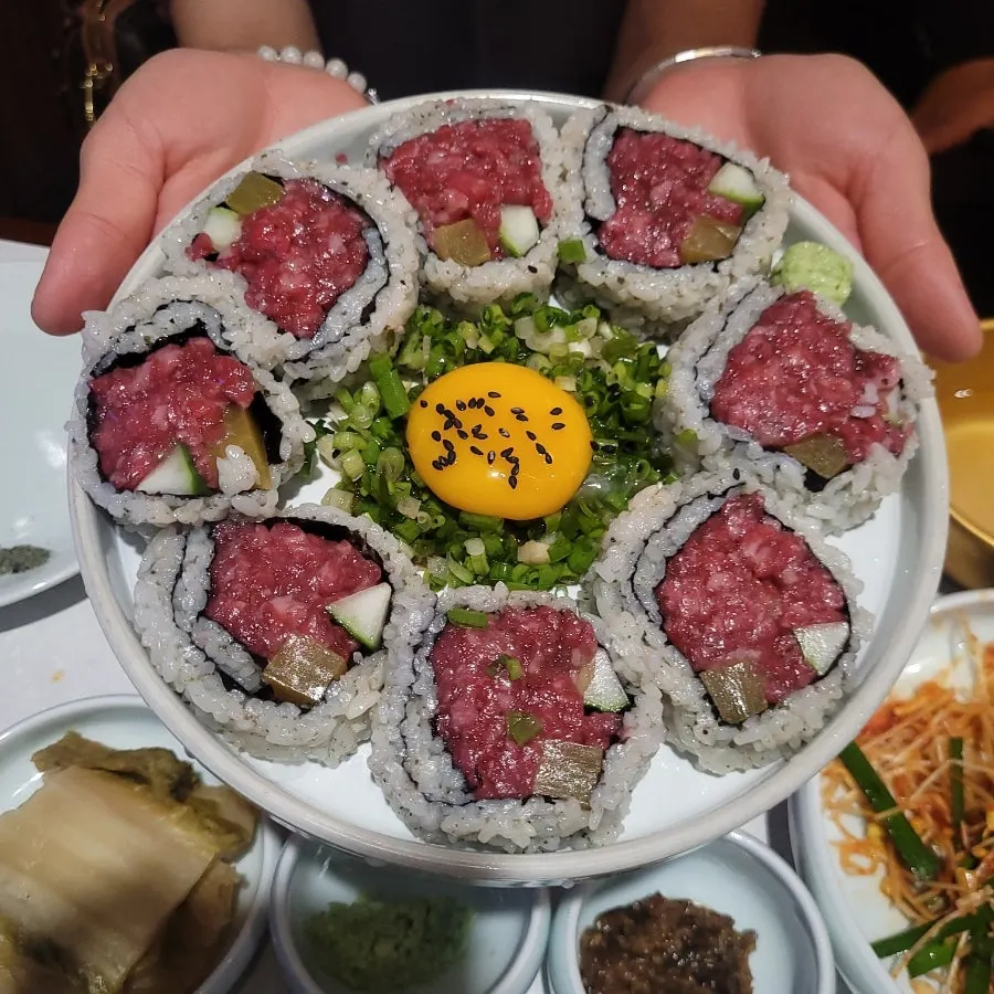 Sanseong makgeolli and Gwangjang Market yukhoe gimbap
