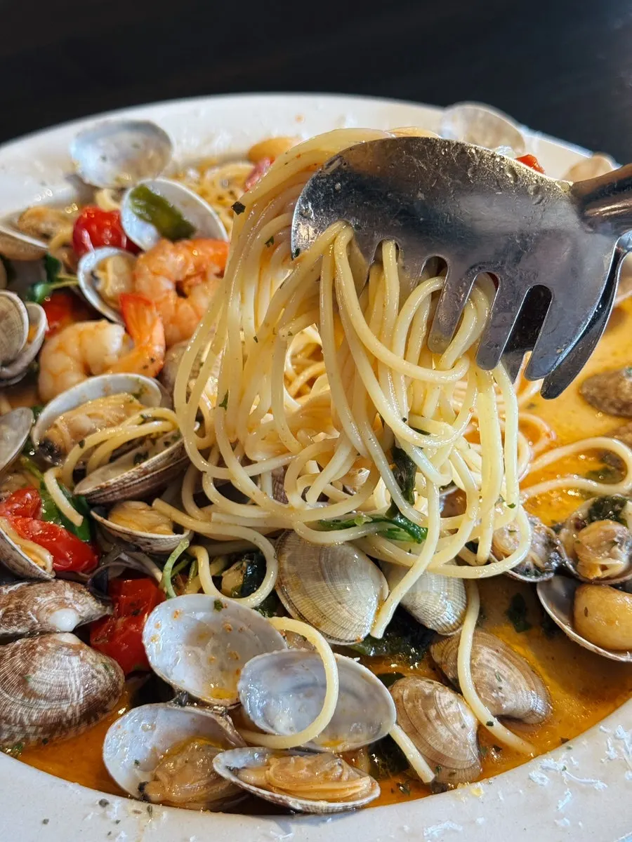 Sea Village Pasta with noodles and sauce mixed together