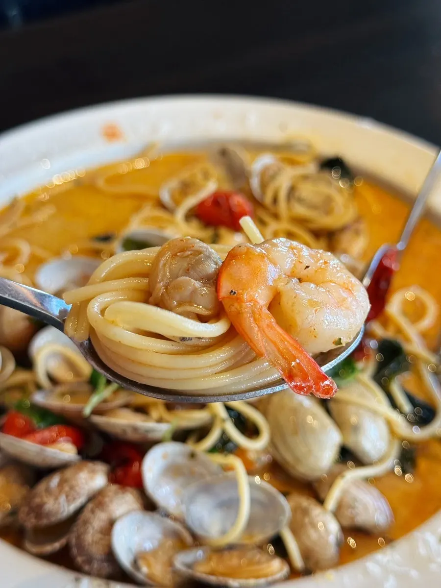Pasta noodles and shrimp coated in sauce