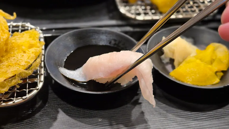 Varied sushi selection and engawa