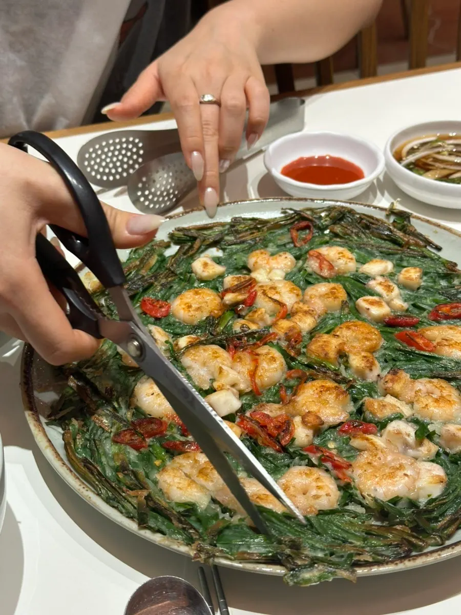 Close-up of shrimp and squid on the seafood chive pancake