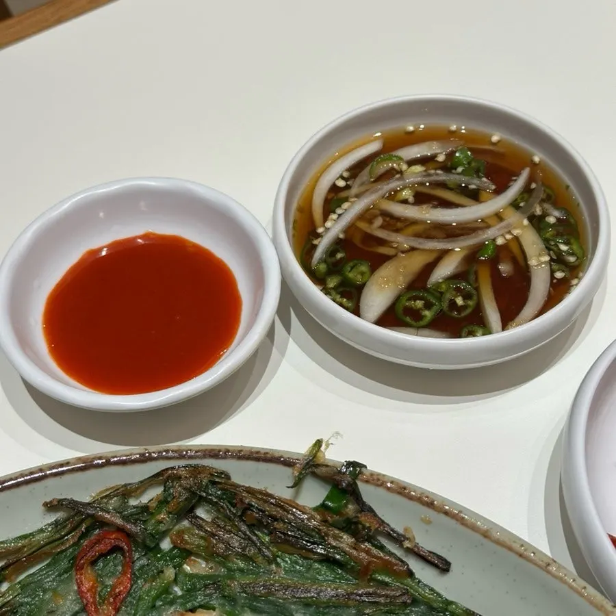 Vinegar-chili sauce and soy sauce served with the chive pancake