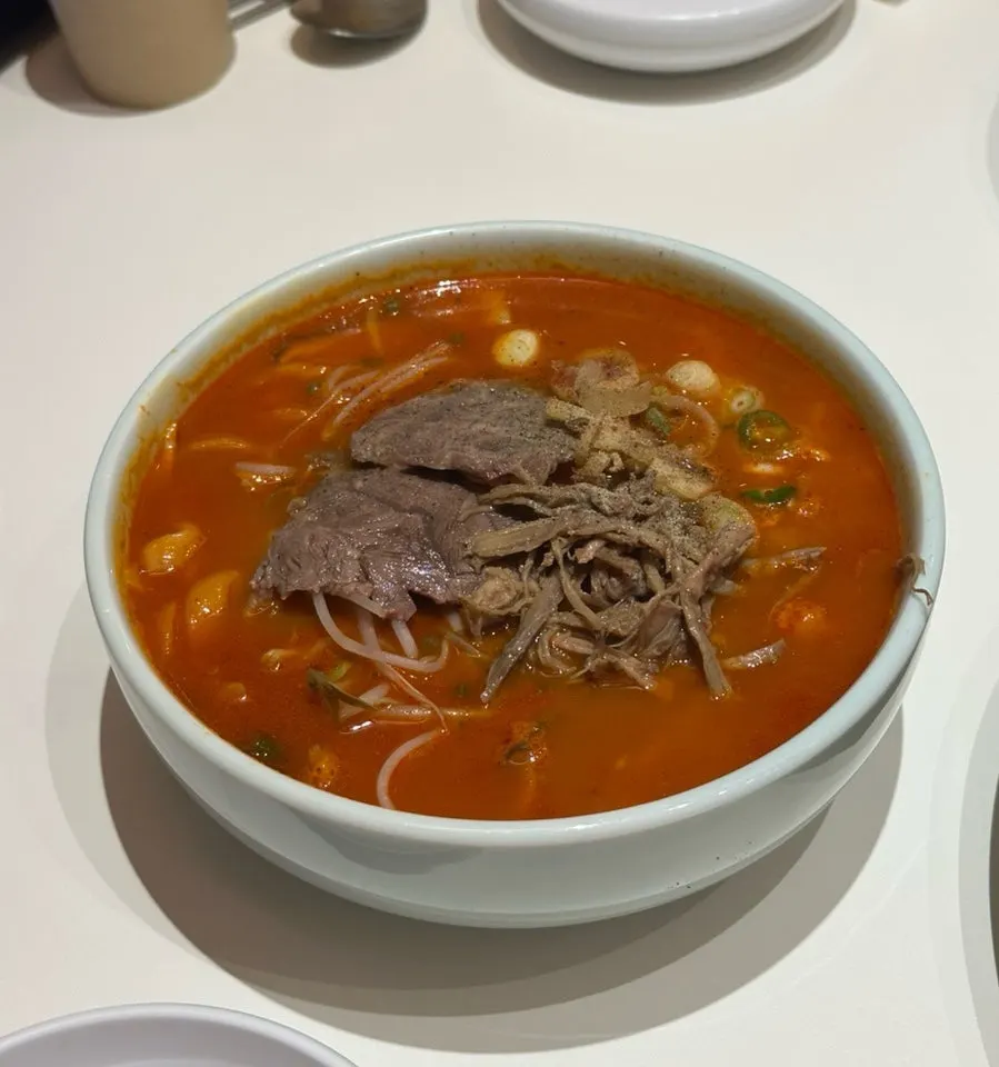 Yukgaejang kalguksu topped with meat garnish and vegetables