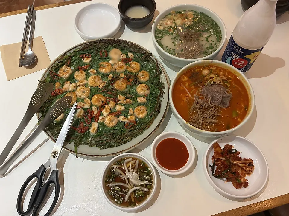 Full table spread of the seafood chive pancake set for 2