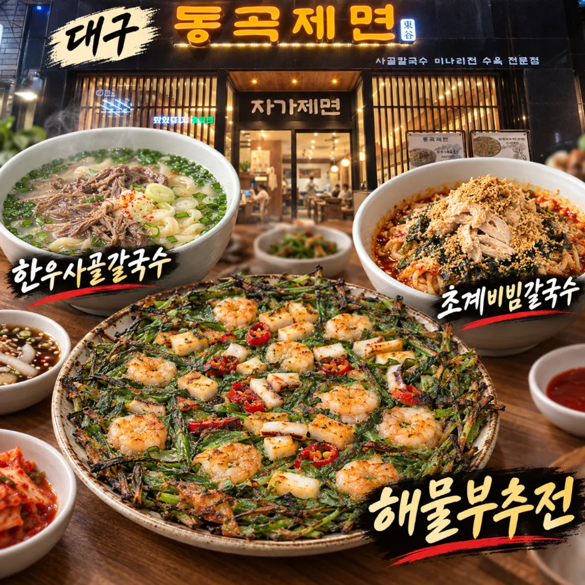 A full spread of Donggok Jemyeon's beef bone kalguksu and seafood chive pancake