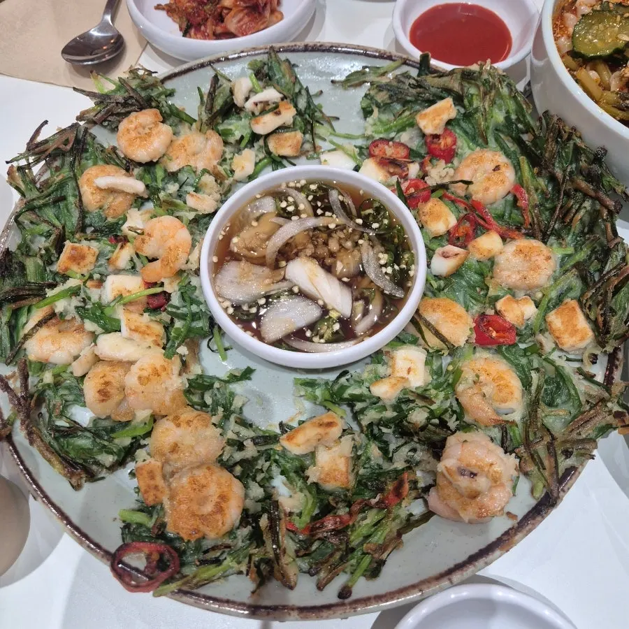 Seafood chive pancake loaded with shrimp and squid