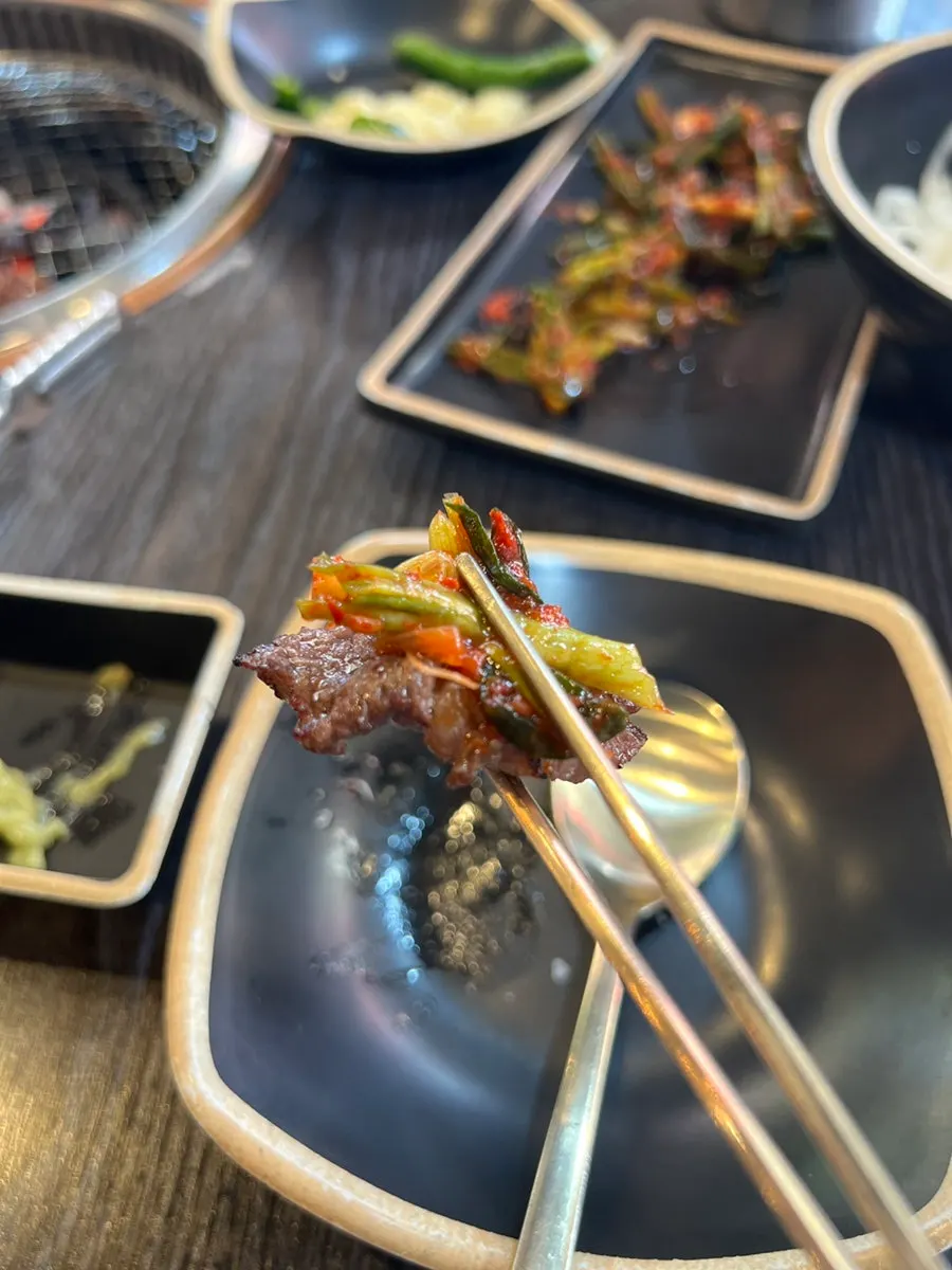 Hanwoo beef served with green onion kimchi
