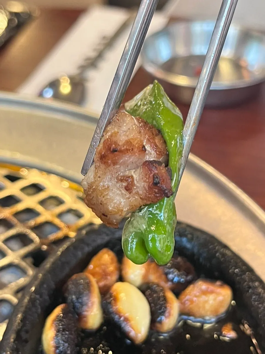 Pork jowl paired with gatkimchi