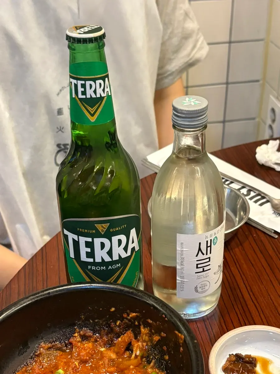 A glass of soju-beer enjoyed with the meat