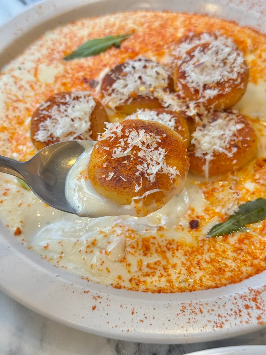 Close-up of cream cheese gnocchi sprinkled with spicy seasoning