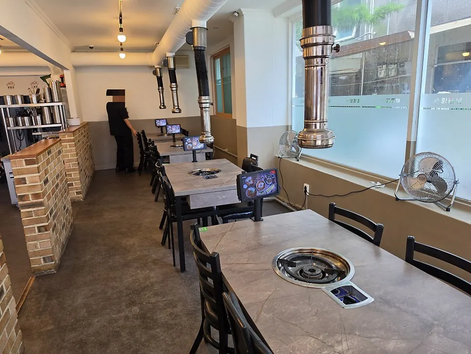 Row of separated group-seating tables