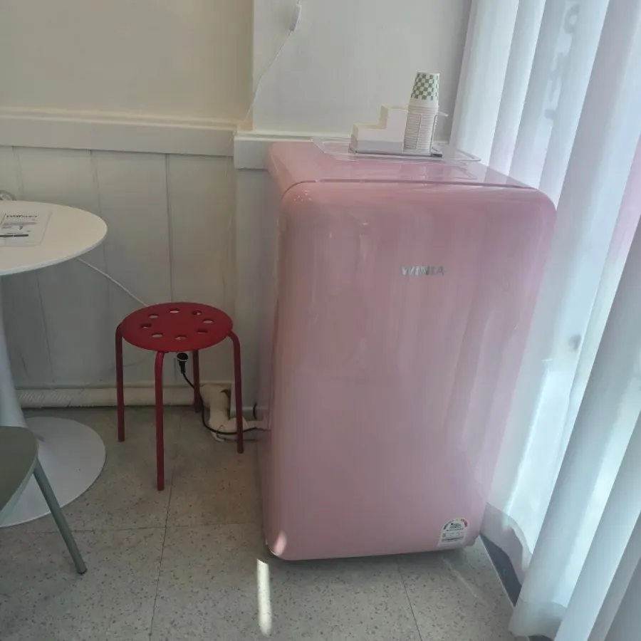 Pink fridge inside the shop