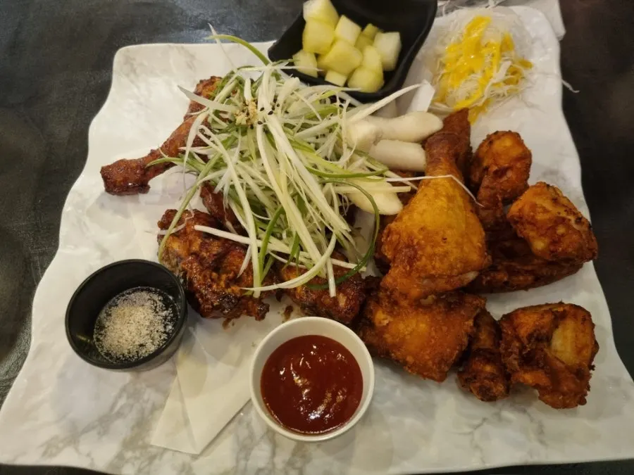 Freshly fried half-and-half chicken spread