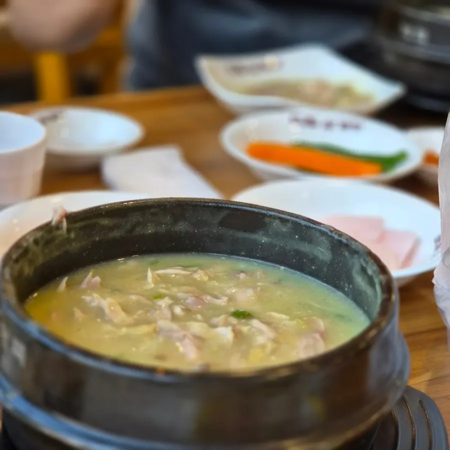 Stone pot with rich leftover samgyetang broth