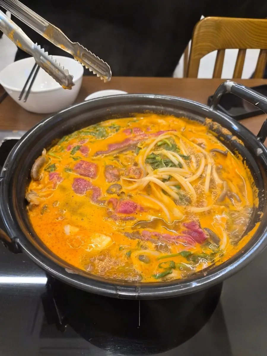 Spicy shabu hot pot piled high with vegetables
