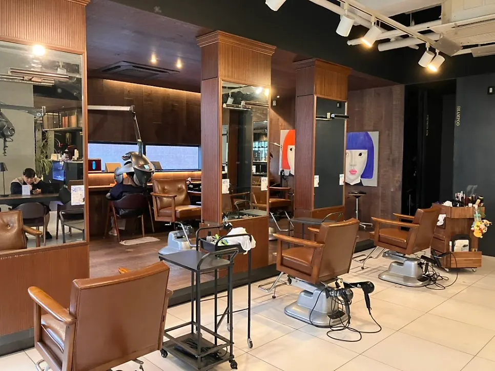Salon interior divided into white-toned and brown-toned areas