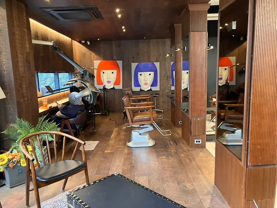 Warm brown-toned styling area