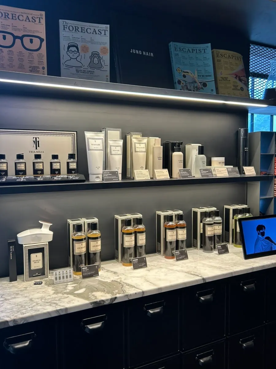 Display of hair products sold at the salon